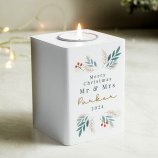 Personalised Christmas Foliage White Tealight Holder Product Image