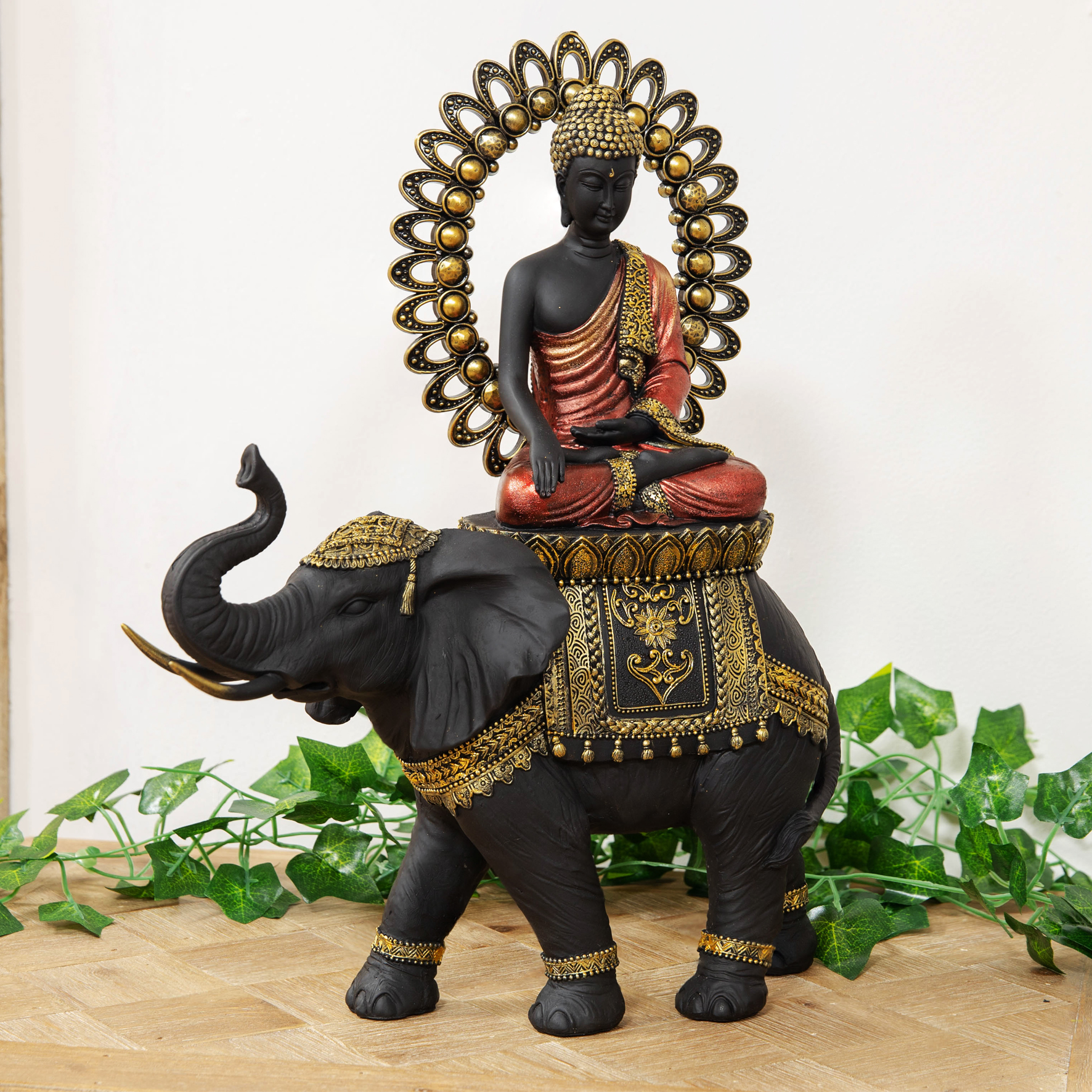 Grande Thai Buddha Nero Lilla Su Elefante 38 CM Poly Figura