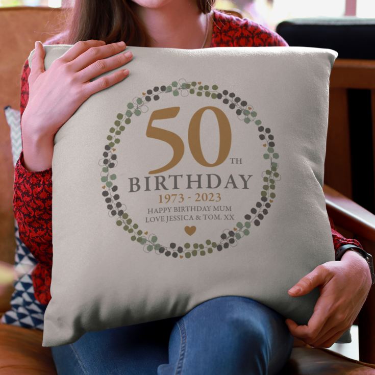 Personalised Luxury 50th Birthday Beige Cushion product image