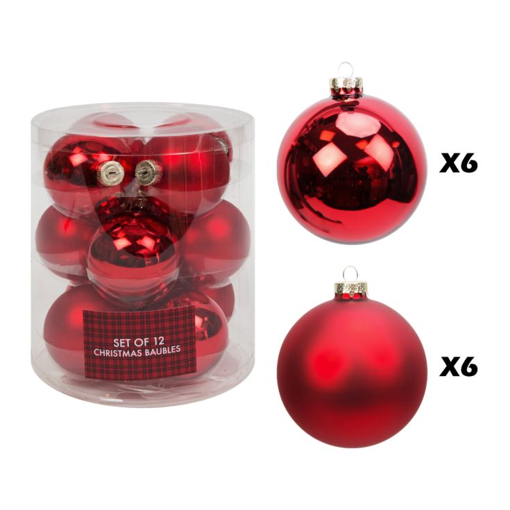 Set of 12 Red Glass Baubles 67mm | The Gift Experience