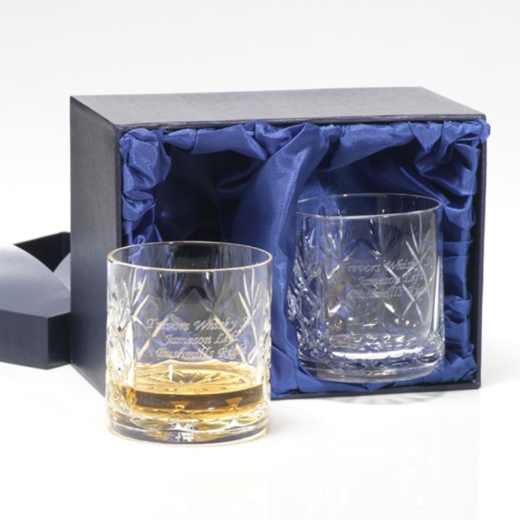 Pair Of Engraved Cut Crystal Whisky Tumblers The T Experience 4856