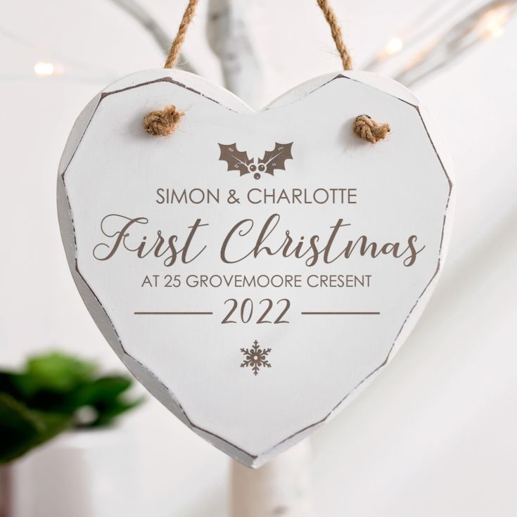 Personalised First Christmas White Wooden Hanging Heart product image