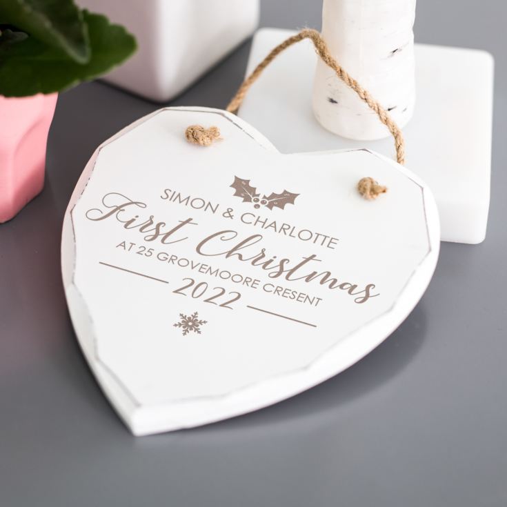 Personalised First Christmas White Wooden Hanging Heart product image