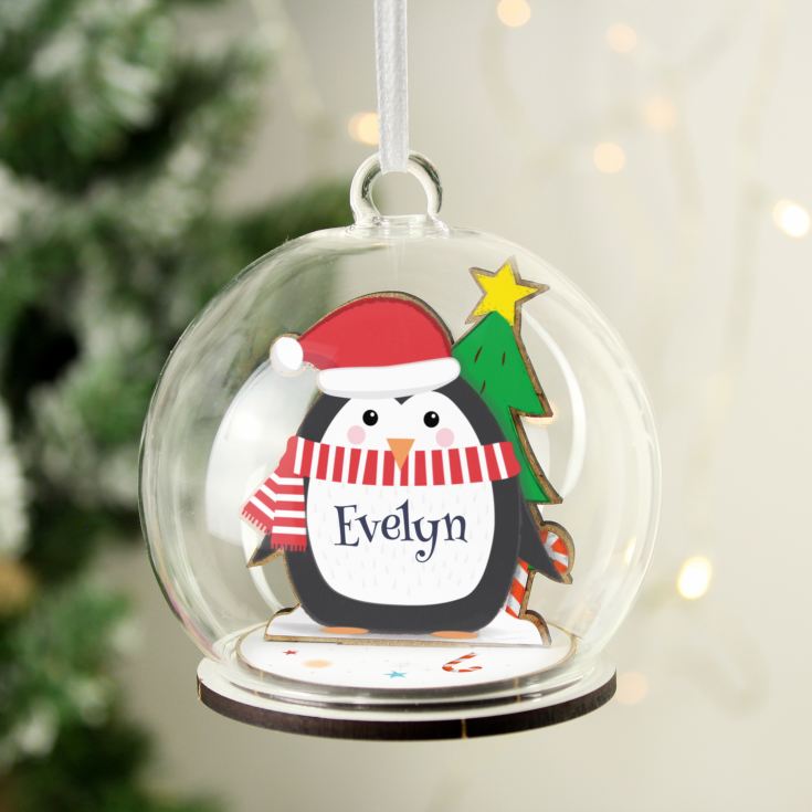 Personalised Wooden Penguin Glass Bauble product image