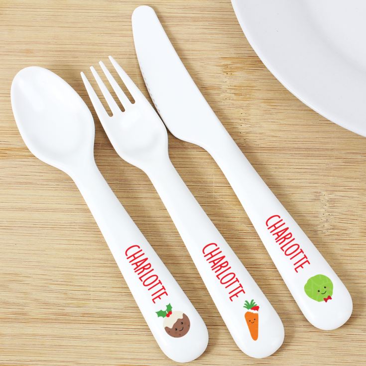 Personalised 'First Christmas Dinner' 3 Piece Plastic Cutlery Set product image