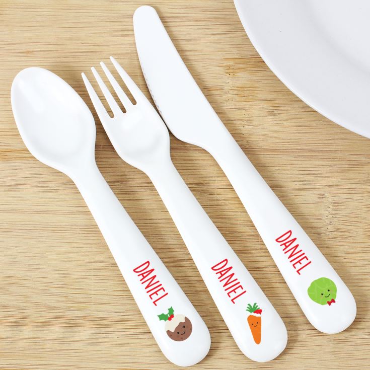 Personalised 'First Christmas Dinner' 3 Piece Plastic Cutlery Set product image