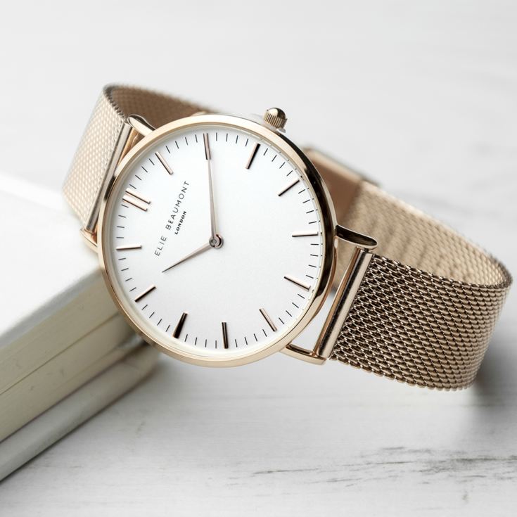 Personalised Rose Gold Mesh Strapped Watch With White Dial product image