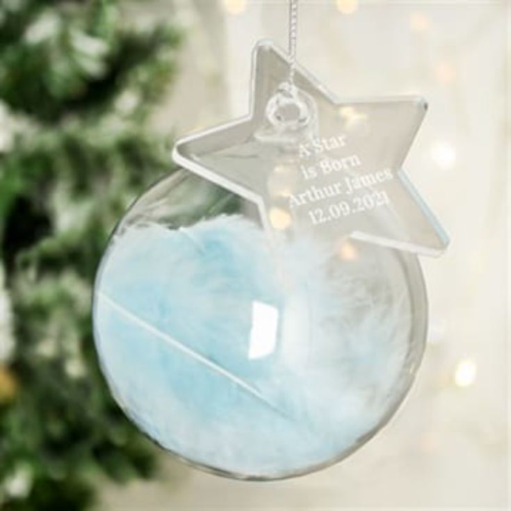 Personalised Blue Feather Glass Bauble with Star Tag product image