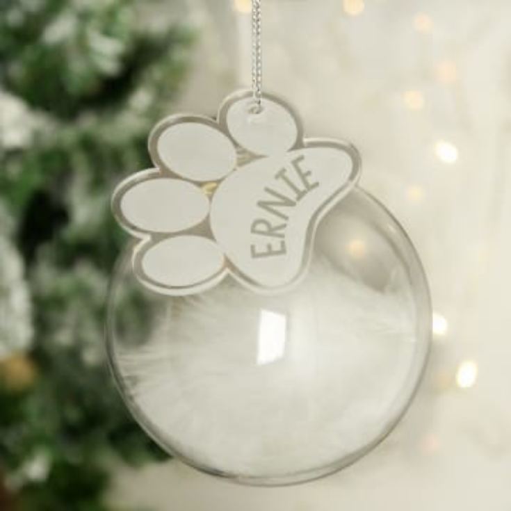 Personalised Pet White Feather Glass Bauble with Paw Print Tag product image