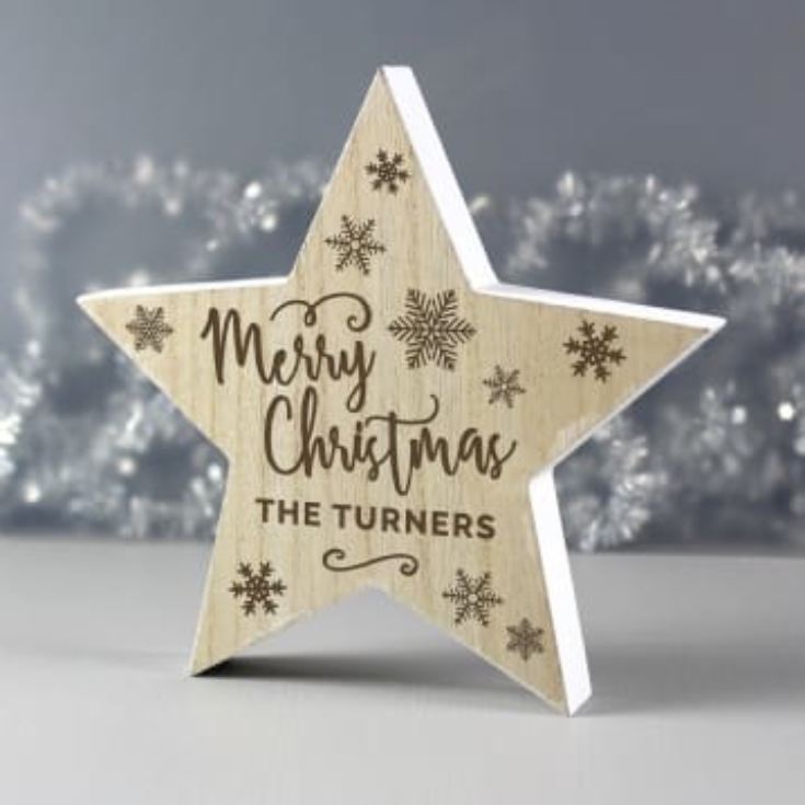 Personalised Merry Christmas Rustic Wooden Star Decoration product image