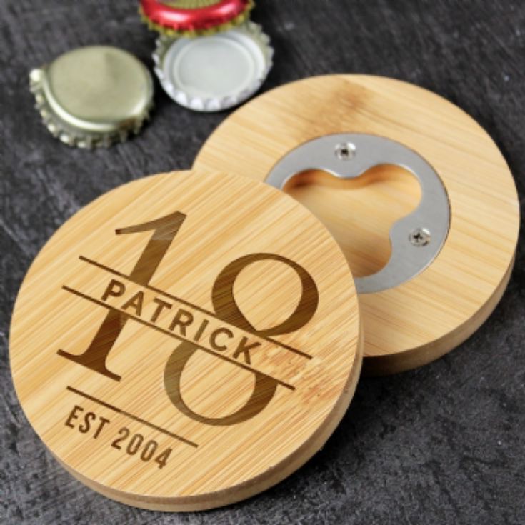 Personalised Big Age Bamboo Bottle Opener Coaster product image