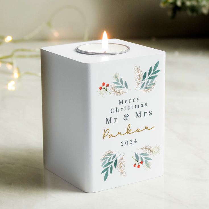 Personalised Christmas Foliage White Tealight Holder product image