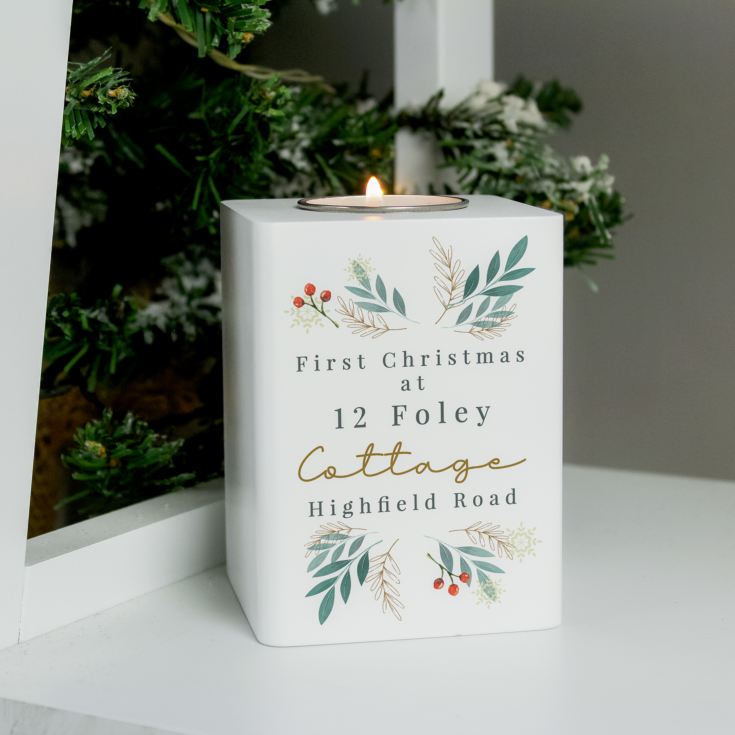 Personalised Christmas Foliage White Tealight Holder product image