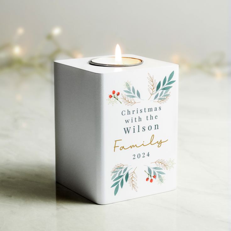 Personalised Christmas Foliage White Tealight Holder product image