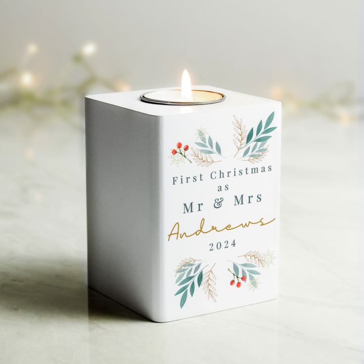 Personalised Christmas Foliage White Tealight Holder product image